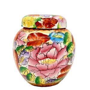 Chinese Ceramic Ginger Jar with Lid 5" Tall Colorful Floral Hand Painted Boho